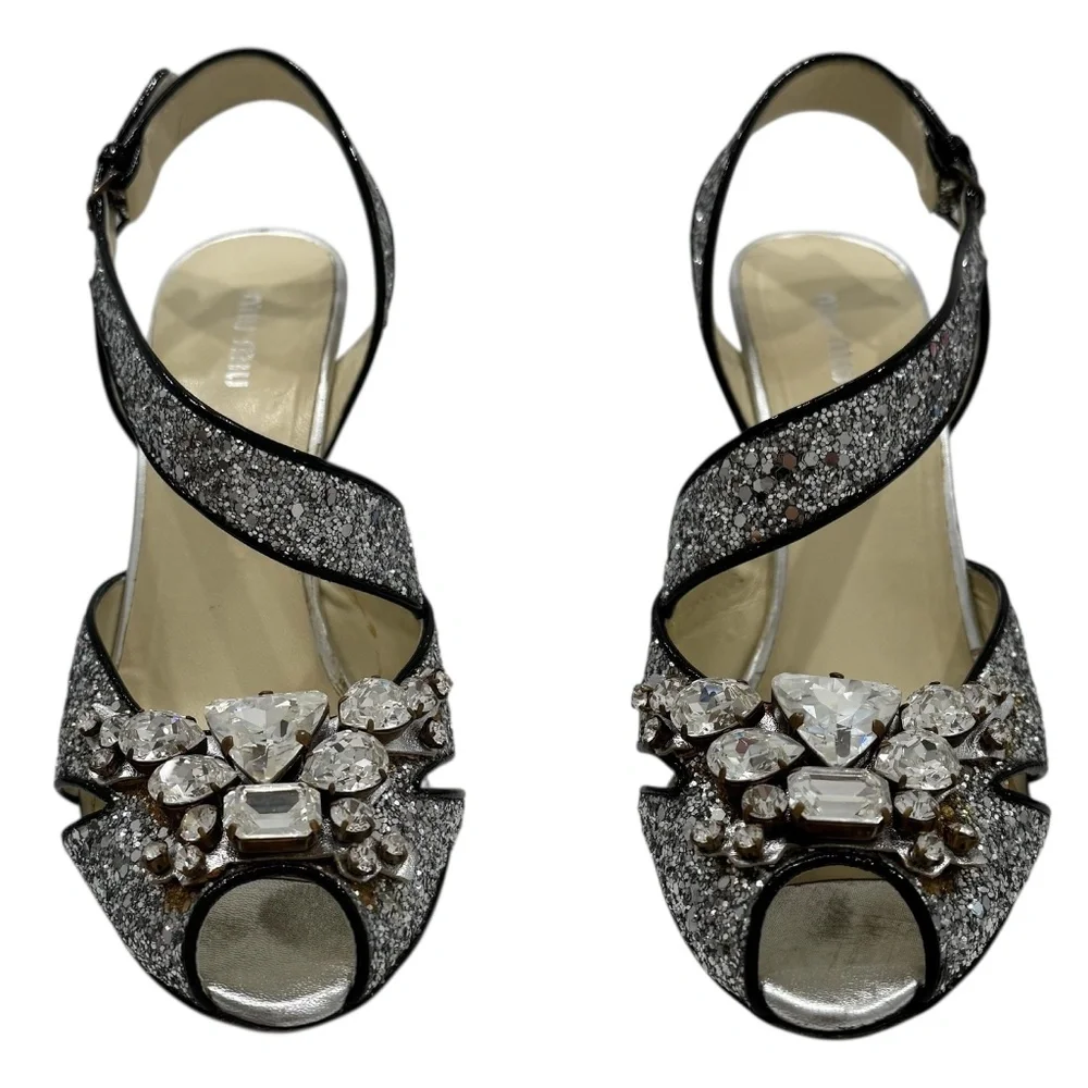 MIU MIU 2006 RUNWAY SILVER GLITTER STILETTO SANDALS w/CRYSTAL EMBELLISHMENTS